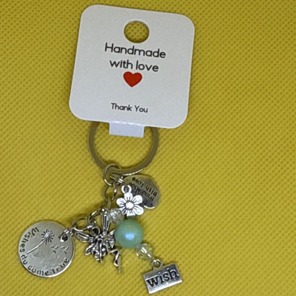 Handmade Fairy Wish Flower Beaded Charm Key Chain Silver Aqua for Women